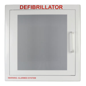 AED Cabinet with DEFIBRILLATOR and WARNING Labels, Alarm, Metal, White