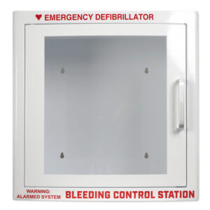 Cabinet with Alarm and AED + Bleeding Control Kit Lettering, White